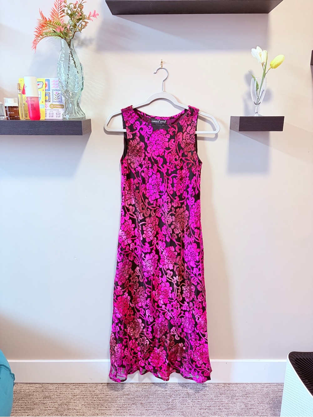 Vintage 90’s Carole Little Pink and Black Velvet Floral Midi Dress